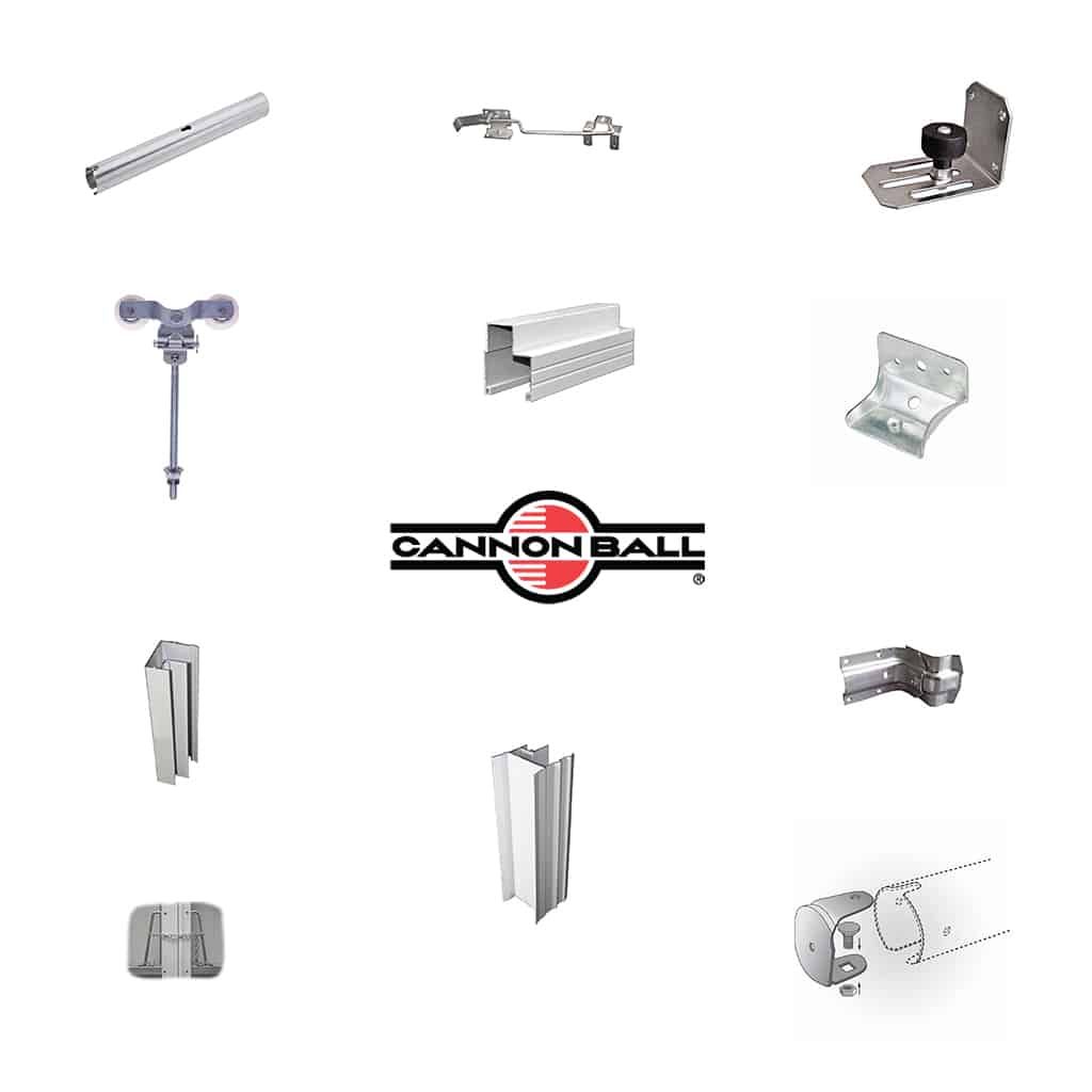 CannonBall sliding door hardware: tracks, rollers, hangers, guides and brackets around the CannonBall logo