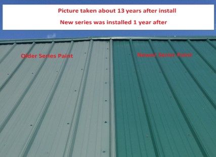 Faded older metal paint beside a newer panel with little fading