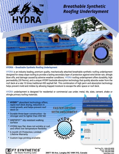 Hydra Breathable Synthetic Roofing Underlayment